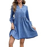 Hersuitful Denim Dress for Women Long Sleeve V Neck Tiered Casual Babydoll Mini Jean Shirt Dresses