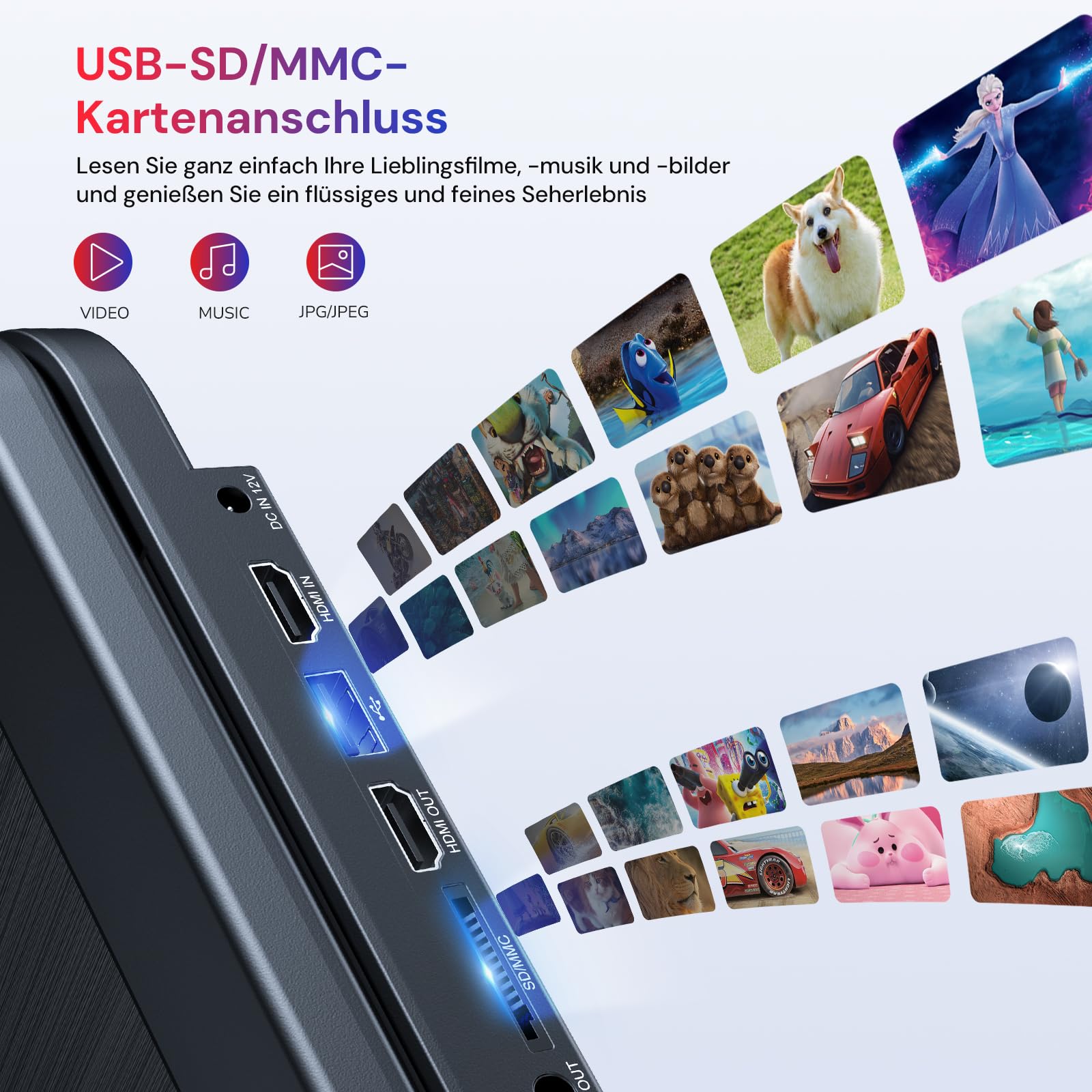 GOnavidio 15,4 Zoll Tragbarer Blu Ray DVD Player Mit HDMI Kabel, 270 ° drehbar HD 1920x1080, Blue Ray Player Tragbar Inklusive wiederaufladbarem 5 Stunden Akku USB/SD 8