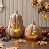 ARQRHTLY 2 Pcs Handmade Halloween Terracotta Pumpkin Decorations | 7.8 and 5.5 in Orange Fall Pumpkin Table Decor, Autumn Far