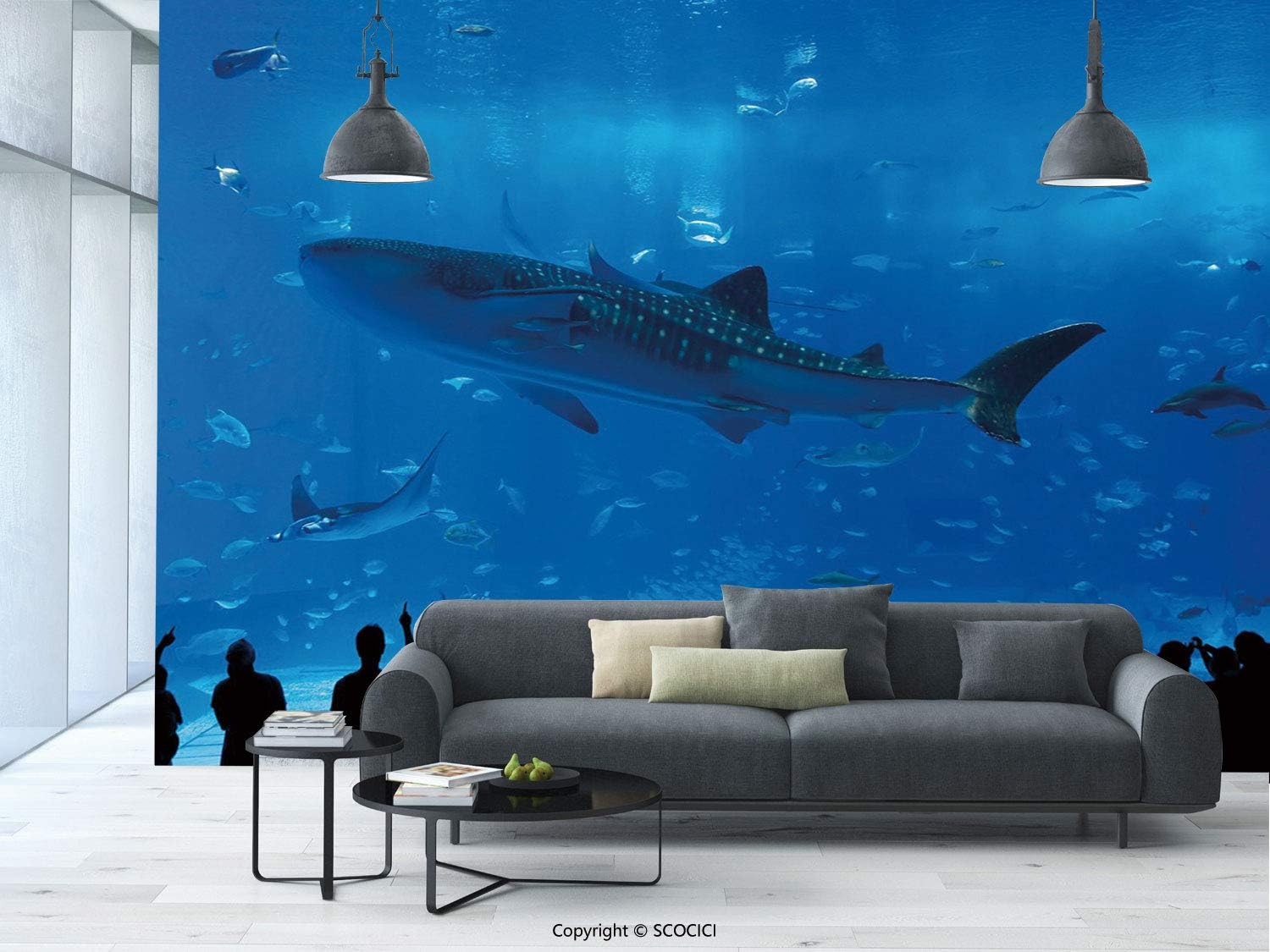 aosup №10220 Removable Wall Mural | Self Adhesive Large Wallpaper | Shark, Japanese Aquarium Park with People Silhouettes Watching Underwater Life Hobby Image, Blue Black | 100X144 Inches