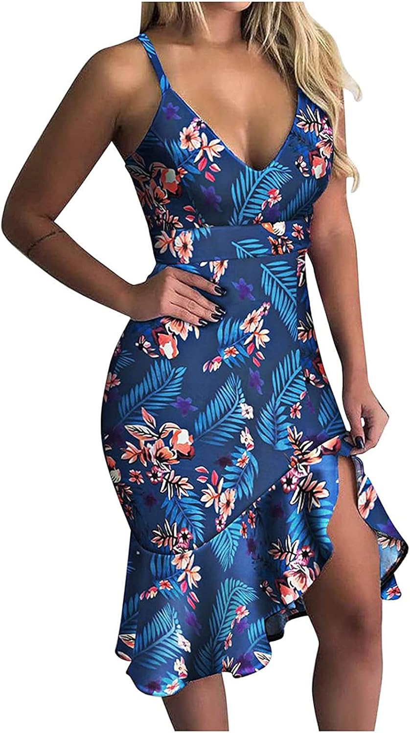 Amazon.com: LisAgUlI Summer Dresses for Women V Neck Sleeveless Ruffle Low Cut Bodycon Dress 