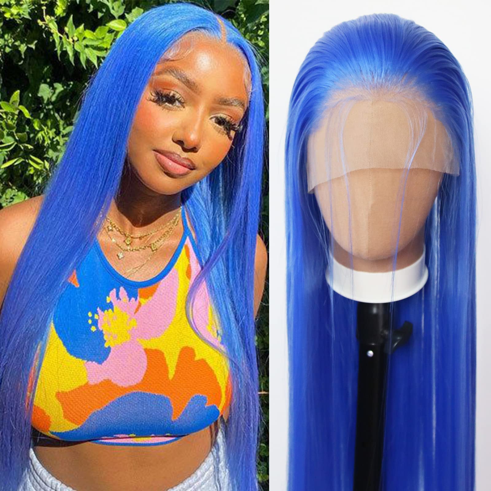 Towarm Long Straight Blue Synthetic Lace Front Wig with Natural Hairline and Baby Hair for Black Women - Heat Resistant Fiber Hair Cosplay and Daily Wear — image 1
