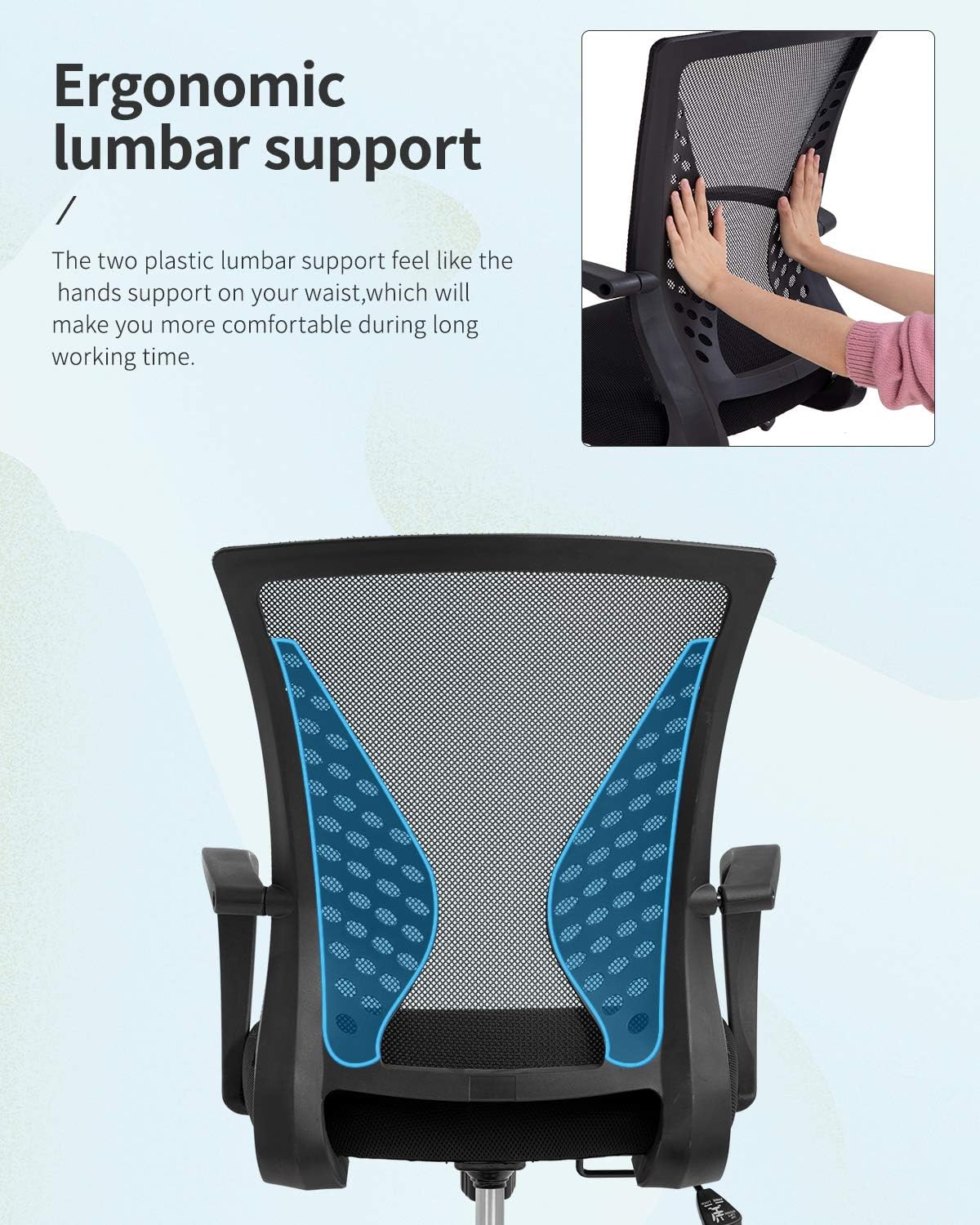 Home Office Chair Mid Back PC Swivel Lumbar Support Adjustable Desk Task Computer Ergonomic Comfortable Mesh Chair with Armrest (Black): Furniture & Decor