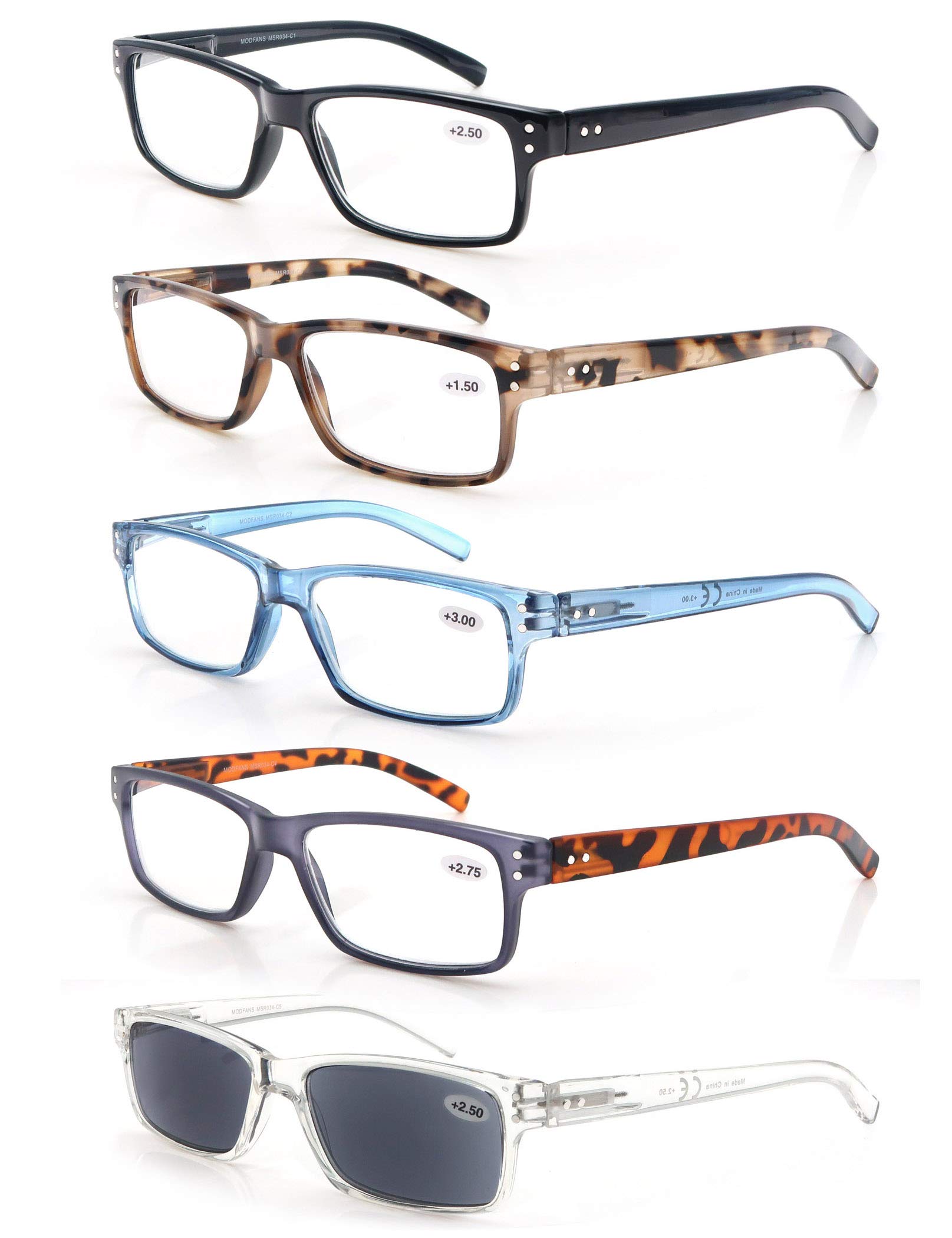 MODFANS 5 Pack Reading Glasses 3.5 Mens/Womens,Readers Rectangular Frame with Comfort Spring Hinges,Stylish Eyeglasses for Reading,Includes Sunglass Readers