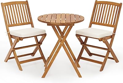 TANGZON Wooden Folding Bistro Set with Cushions, Acacia Garden Furniture