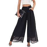 heipeiwa Women's Chiffon Wide Leg Palazzo Pants Flowy Casual Beach Party Dress Long Pants Trouser