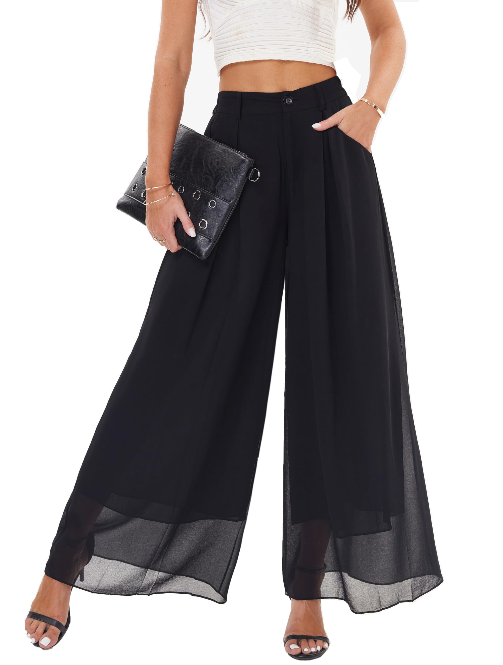 Heipeiwa Women's Chiffon Wide Leg Palazzo Pants Flowy Casual Beach