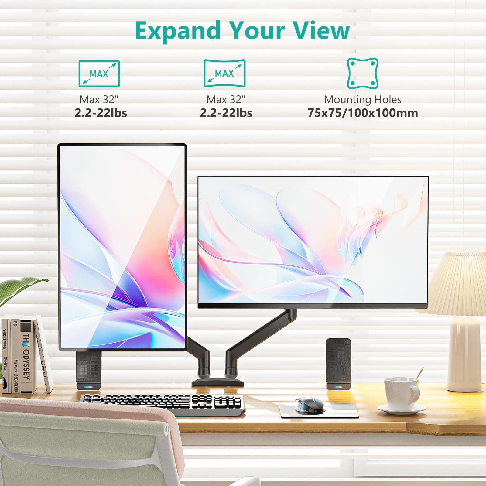 WALI Dual Monitor Stand for 17-32 inch Computer Screens, Dual Monitor Arms for 2 Monitors Holds up to 22 lbs, Height Adjustable Gas Spring Dual Monitors Mount, VESA 75x75/100x100mm (GSMP002N), Black