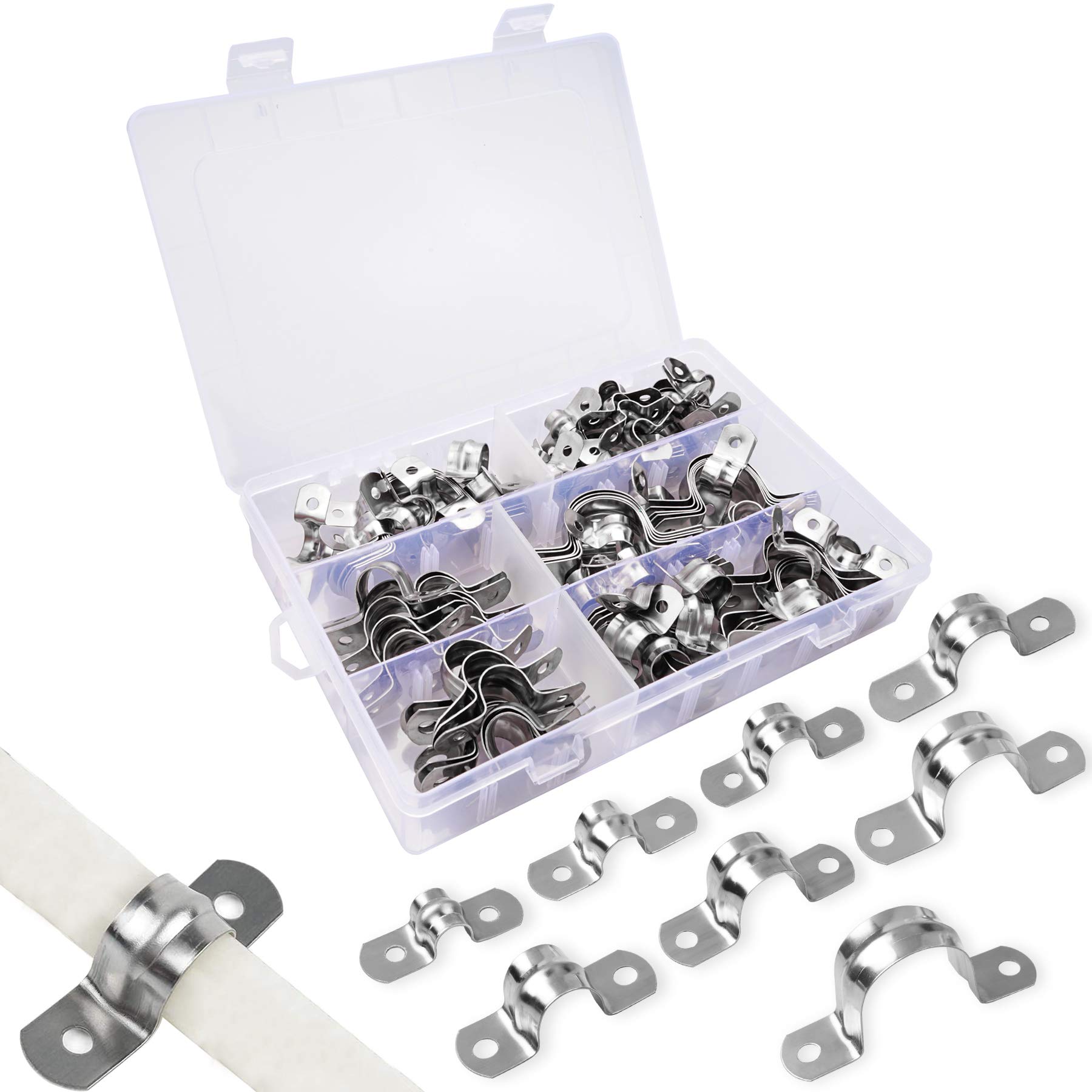 YEYIT 100 Pcs Stainless Steel U Shaped Pipe Straps - Saddle Clip 8 Sizes Two Hole Tube Strap Tension Clips for Water & Gas Pipe