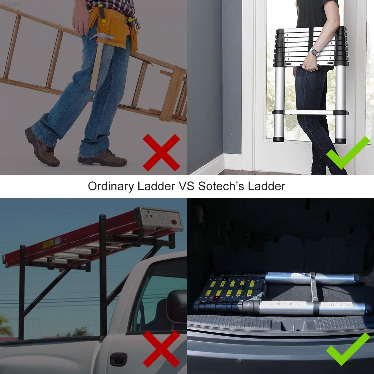 Sotech 15.5 FT Aluminum Telescoping Extension Ladder with Stabilizer Bar, One Button Retraction Telescopic Collapsible RV Ladder, Soft-Close and Pinch-Free EN131 Certified, Max Load 330 lbs - - 