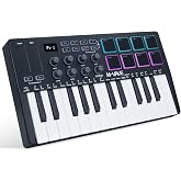 M-VAVE 25 Keys 8 Backlit Drum Pads MIDI Keyboard &ndash; Professional Beat Maker and Keytar for Keyboard Music Production Builtin Battery Wireless Connect Black