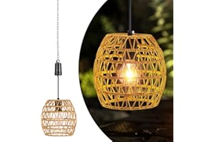 Larekook 6 Hours Timer Battery Operated Outdoor Hanging Light Rattan Woven Waterproof Porch Gazebo Patio Pendant Lantern Chandelier Lighting Decorative Hollow-Out Auto On/Off Warm White Bulb