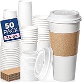 Fit Meal Prep 50 Pack 24 oz Disposable Coffee Cups with Lids, Sleeves, Leak-Proof To Go Coffee Cups with Lids, Durable Hot Paper Cups for Home, Office, Party, Business