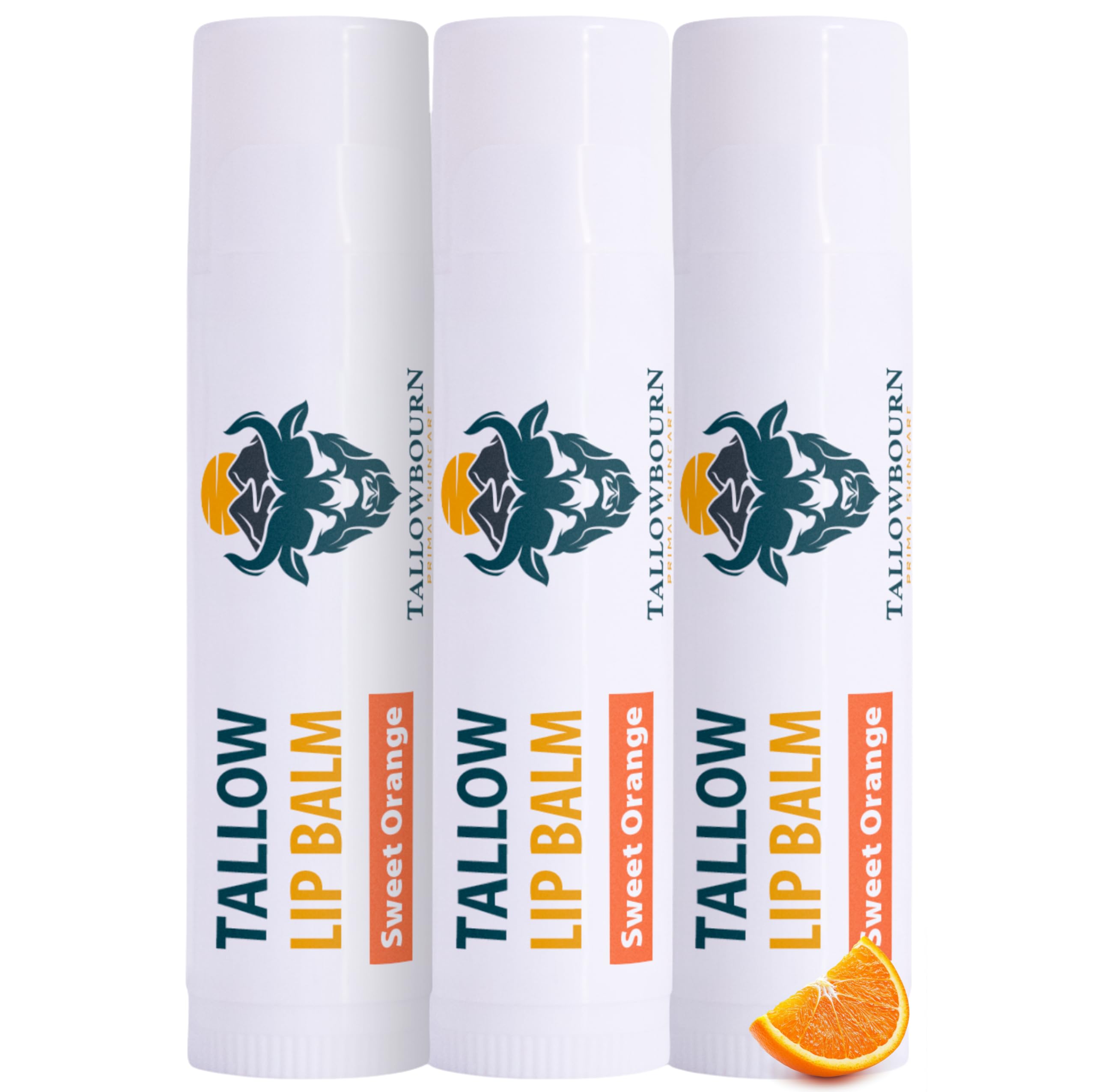 Tallowbourn Moisturizing Tallow Lip Balm Set - 3-Pack with Grass-Fed Tallow, Coconut Oil, Beeswax | Sweet Orange