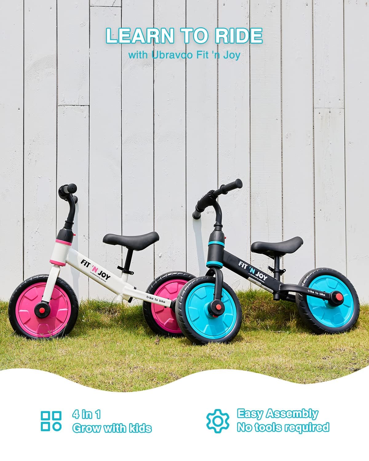 Fit 'n Joy Beginner Toddler Training Bicycle, 4-in-1 Kids Balance Bike with Pedals & Training Wheels Options, Trike to Bike Riding Toys for Boys Girls 2-5