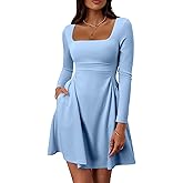 HYPERFIRE Women's Fall Square Neck Long Sleeve Corset Dress Ruched Waist Short Dresses with Pockets
