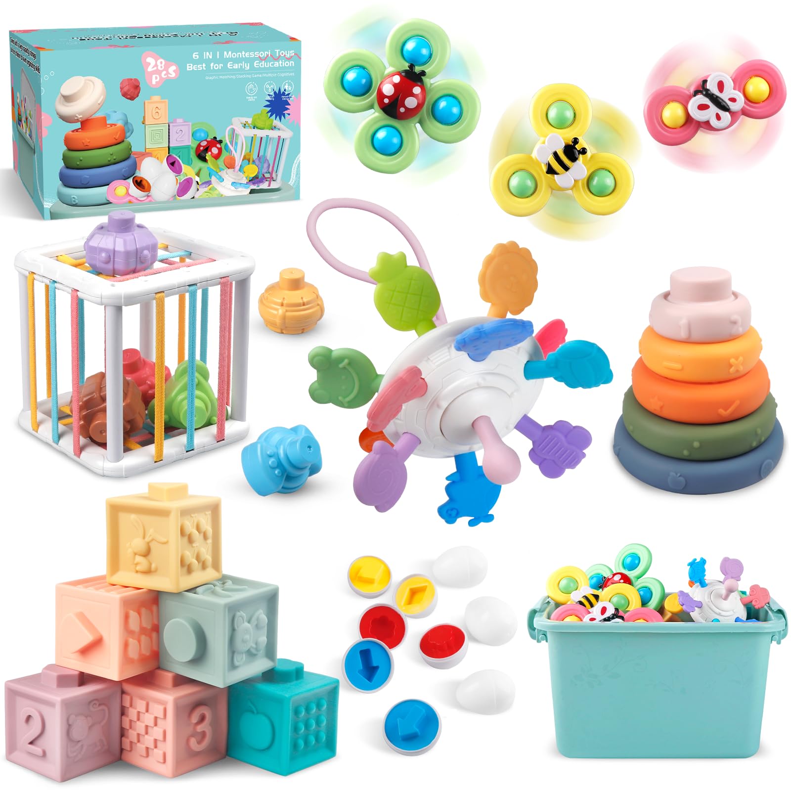 Plunack 6 in 1 Montessori Babies Toys - Stacking Rings, Blocks, Shape Sorter, Matching Eggs, Suction Cup Toy, Baby Sensory Gifts