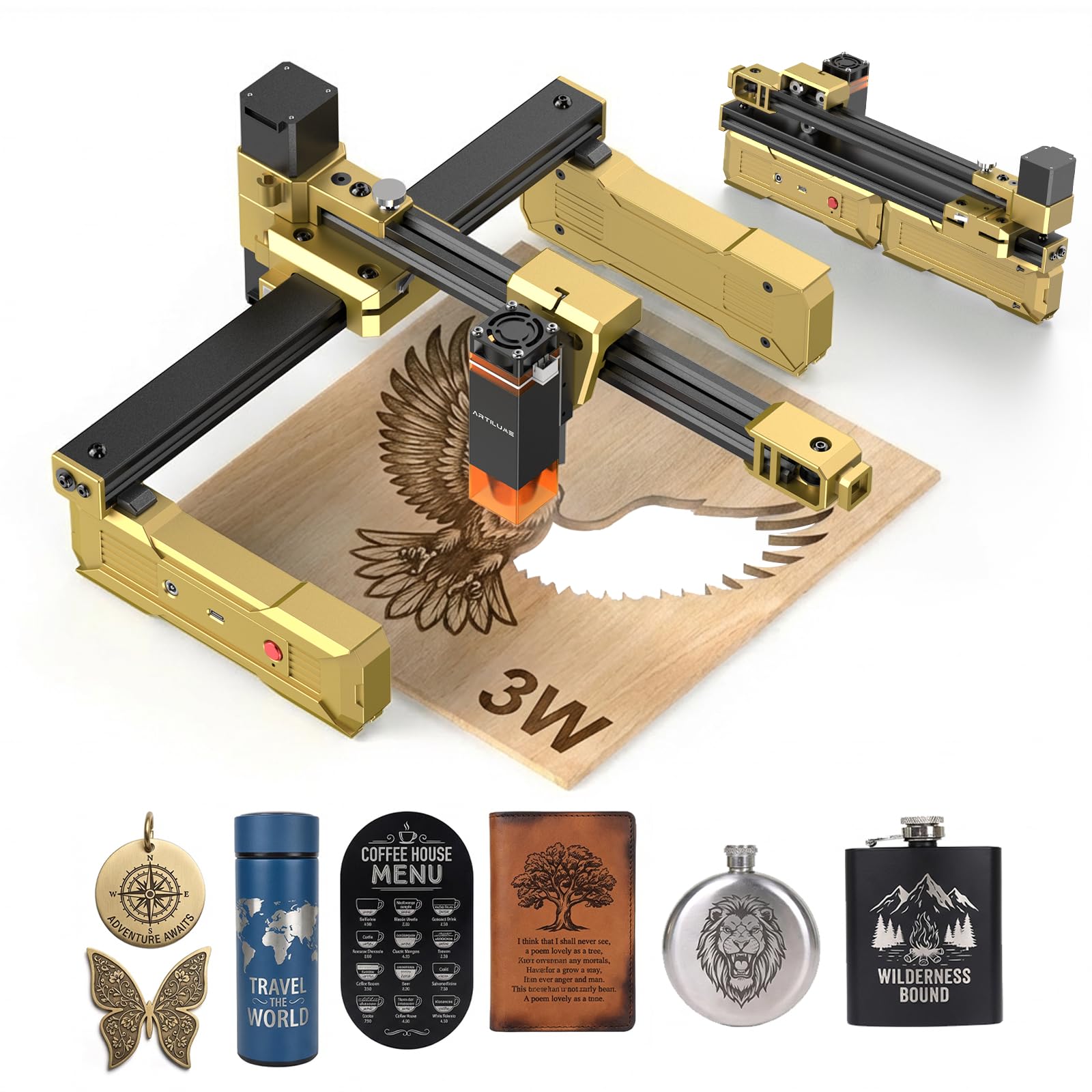 Photo 1 of Artilume T1 Laser Engraver, 3000mW Foldable Laser Engraver Machine Higher Accuracy Wood Cutter and Portable Engraving Machine with Working Area 200x150mm, DIY for Wood Acrylic Coated Metal