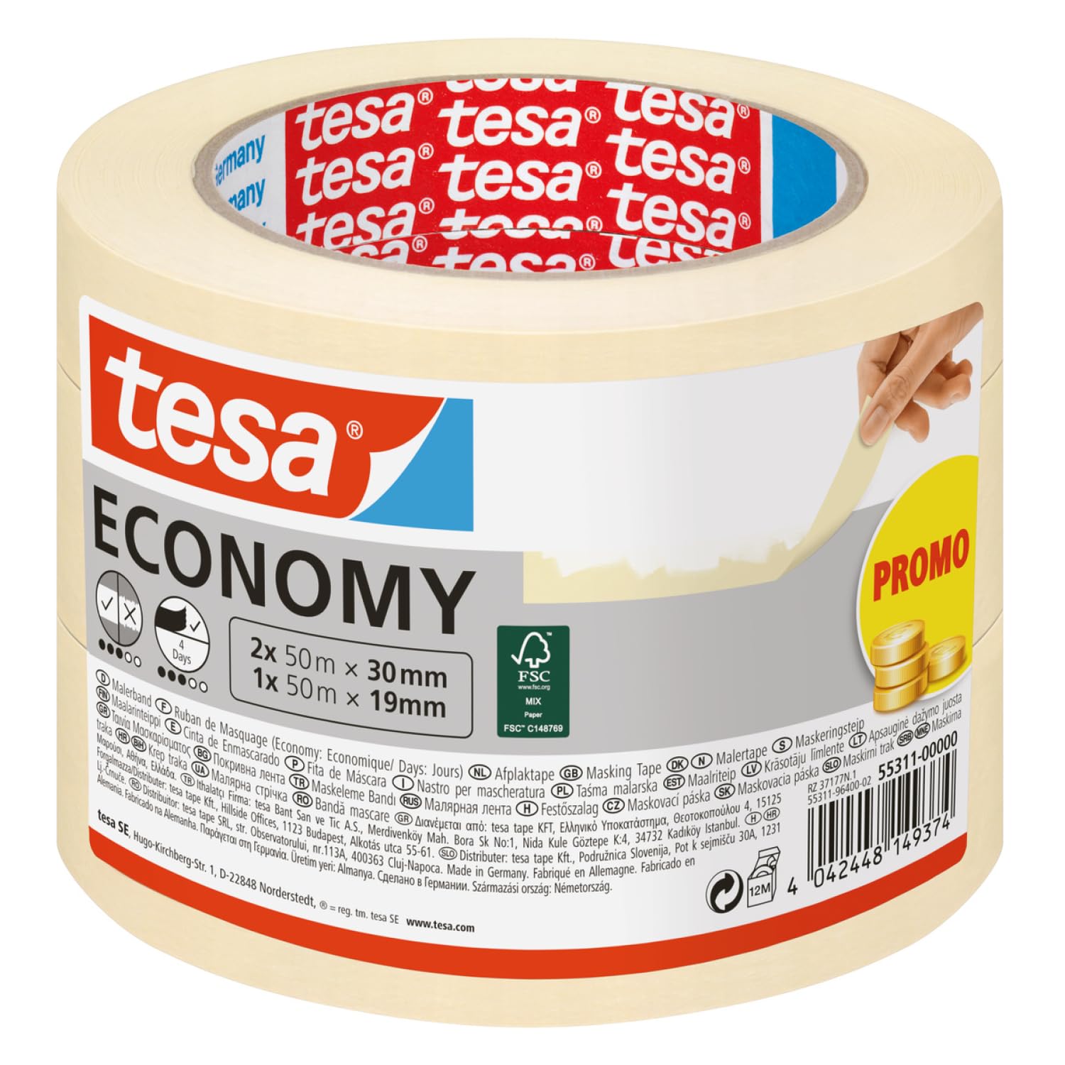 tesa Masking Tape Economy EcoLogo - Painters Tape, 4 Days Residue-Free Removal, Without Solvent - Narrow, 2X 50m x 30 mm Plus 1x 50m x 19mm