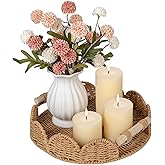 CubesLand Round Scalloped Decorative Centerpiece Tray for Coffee Table, Home Decor, Living Room - Neutral Tray w/Wooden Handle – Warm and Elegant for Holidays, Housewarmings - Candle Plate Holder