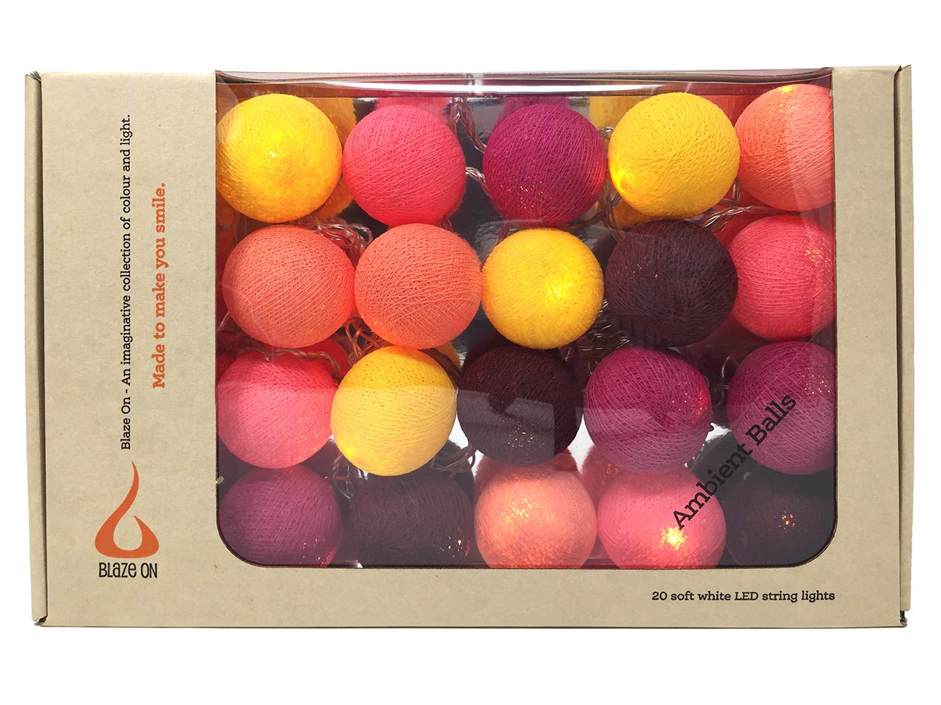 Blaze On Ambient Ball Fairy Lights (Metro Aloha) – 20 Warm White LED Lights – Hand–Spun Cotton Balls – USB Powered and Includes UK 3–Pin USB Adapter – Indoor Decorative String Lights