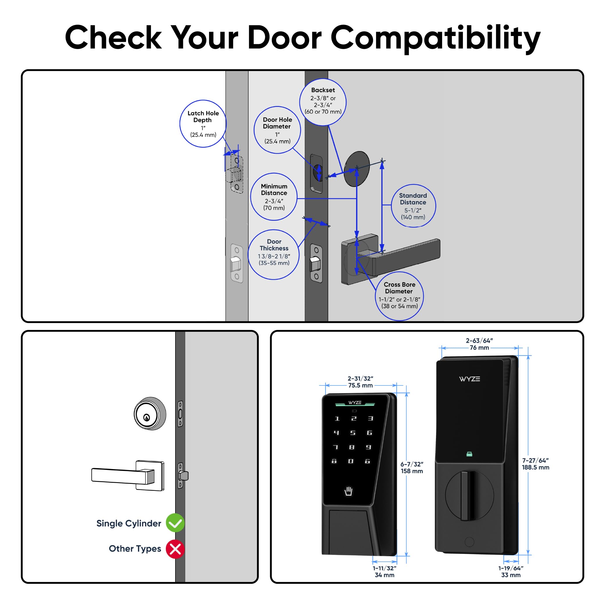Wyze Palm Lock, Smart Door Lock with Palm Vein Recognition, Keyless Entry Smart Locks for Front Door, Keypad, Auto Lock, Dual Battery, Wi-Fi, Works with Alexa & Google, BHMA, IP53, Mechanical Key