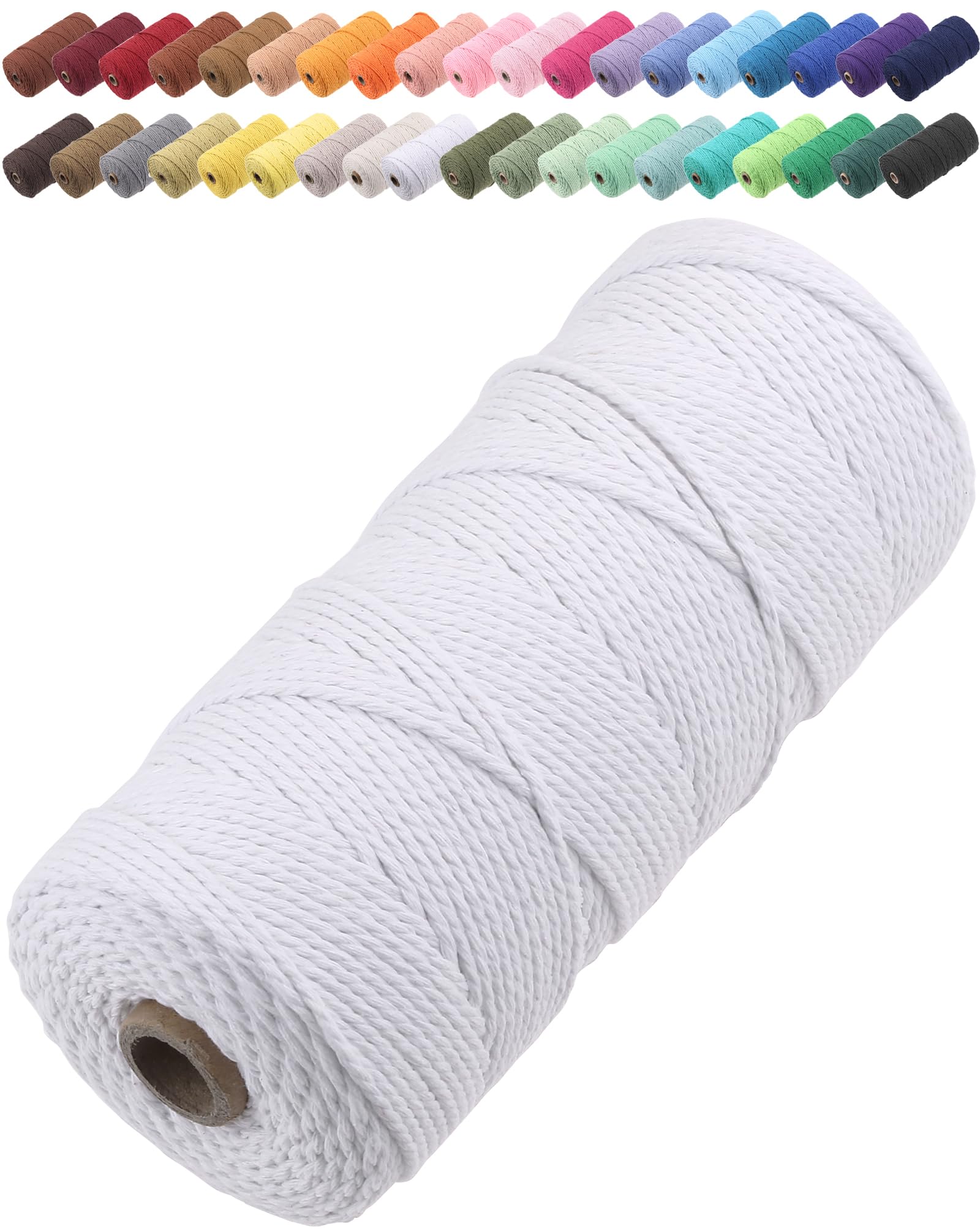 GOHOF Macrame Cord 2mm x 205m Premium Cotton Macrame Rope, 3 Strand Twisted Soft Cotton Cord, One of The Most Perfect Materials for Macrame Art, Cotton String Without Chemicals (White)