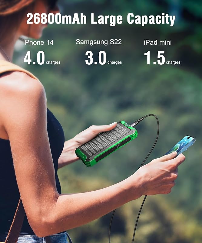 Wireless Solar Powerbank 26800mAh mit 4 Kabel, 15W Schnellladung für Handy