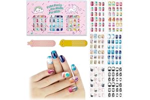 SESEBEE 144Pcs 6 Pack Press on Nails for Kids Children Acrylic Fake Nails Pre-glue Full Cover Glitter Gradient Color Heart Cat Short False Nail Art Kits Sets Valentines Day Gifts for Kids Girls