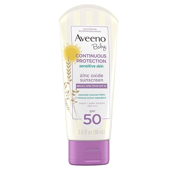 AVEENO BABY CONTINUOUS PROTECTION ZINC OXIDE MINERAL SUNSCREEN LOTION FOR SENSITIVE SKIN WITH BROAD SPECTRUM SPF 50, TEAR-FREE, SWEAT- & WATER-RESISTANT, TRAVEL-SIZE, 3 FL. OZ