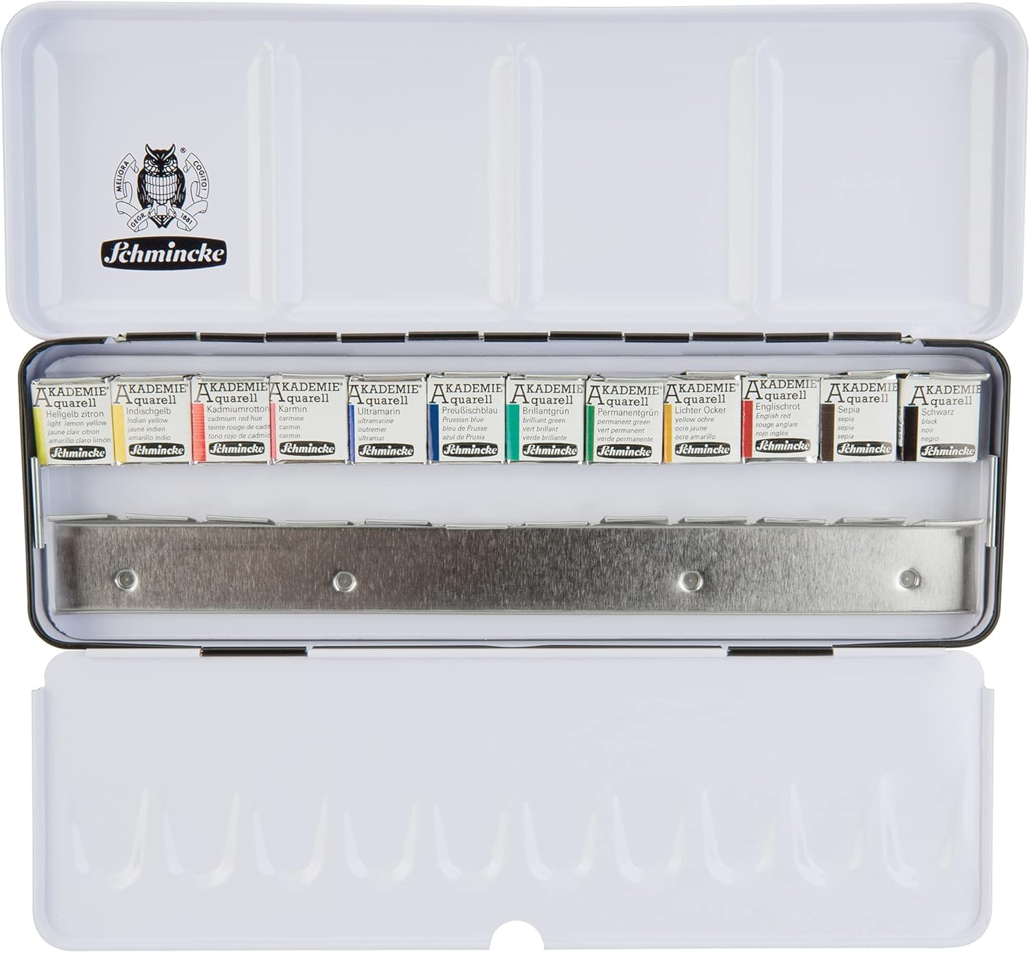 Schmincke - AKADEMIE®AQUARELL Watercolor Box, Basic Assortment 12 x 1/2 Pans + Space for Additional 12 Pans, 75 412 097, Metal Box, fine Artists' Watercolors