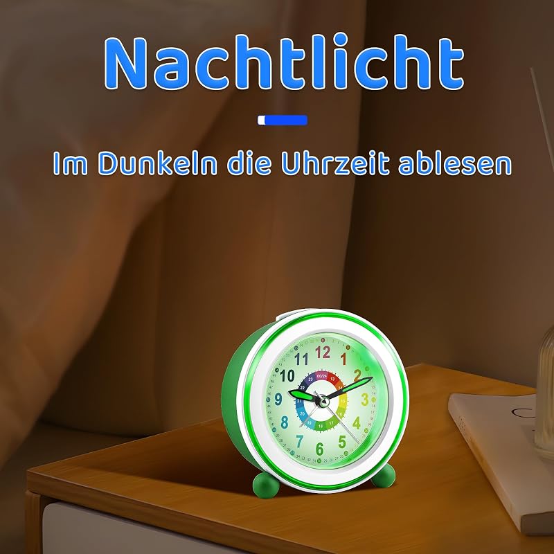 Kinderwecker ohne Ticken mit Schlummerfunktion und Nachtlicht, batteriebetriebener Lernwecker für Jungen und Mädchen, analoger Quarz-Wecker für Kinder (Grün)