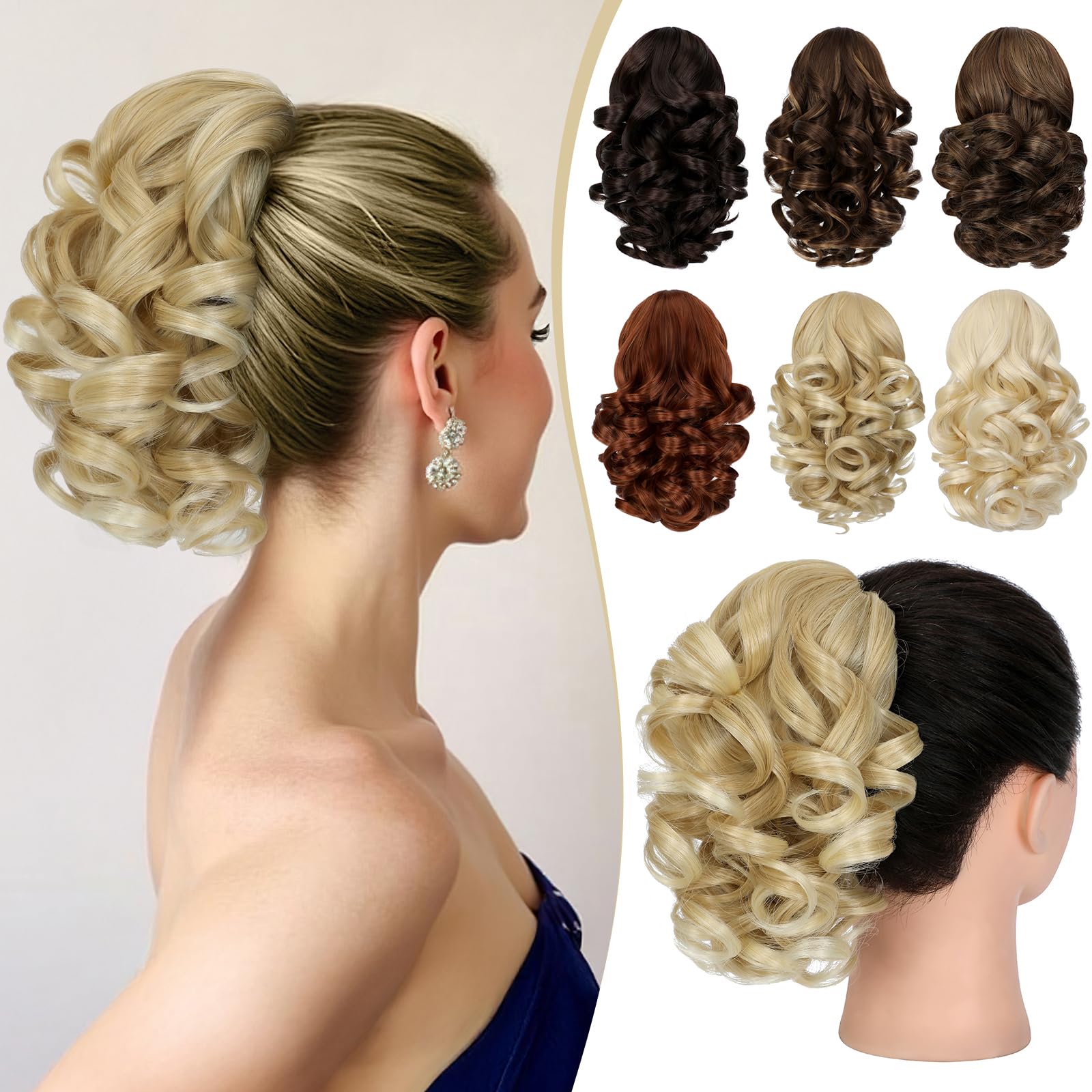 Photo 1 of FELENDY 9" Short Ponytail Extension Curly Claw Clip Ponytail Hair Extensions Fluffy Wavy Clip in Pony Tails Hairpiece for Women Synthetic Light Blonde Mix Bleach Blonde