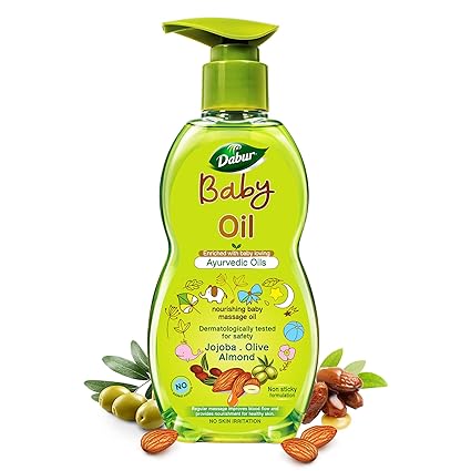 Dabur Baby Oil: Non-Sticky Baby Massage Oil with No Harmful Chemicals |Contains Jojoba, Olives & Almonds | Hypoallergenic & Dermatologically Tested with No Paraben & Phthalates-500 ml