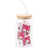 Silver Buffalo Sanrio Hello Kitty and Friends My Melody Polaroids Glass Jar Tumbler with Bamboo Lid and Glass Straw, 16 Ounces