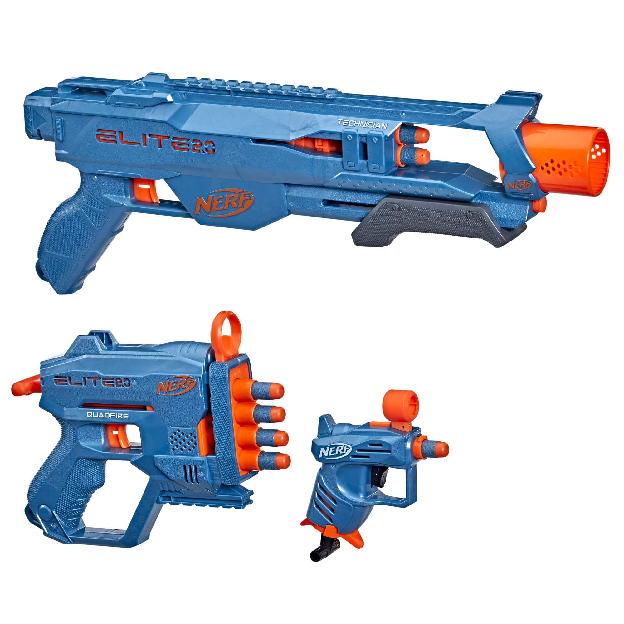 Nerf Elite 2.0 Loadout 3-Blaster Pack, Includes Technician DS-2, Quadfire QS-4, Ace SD-1 Blasters, 14 Darts, Multicolor