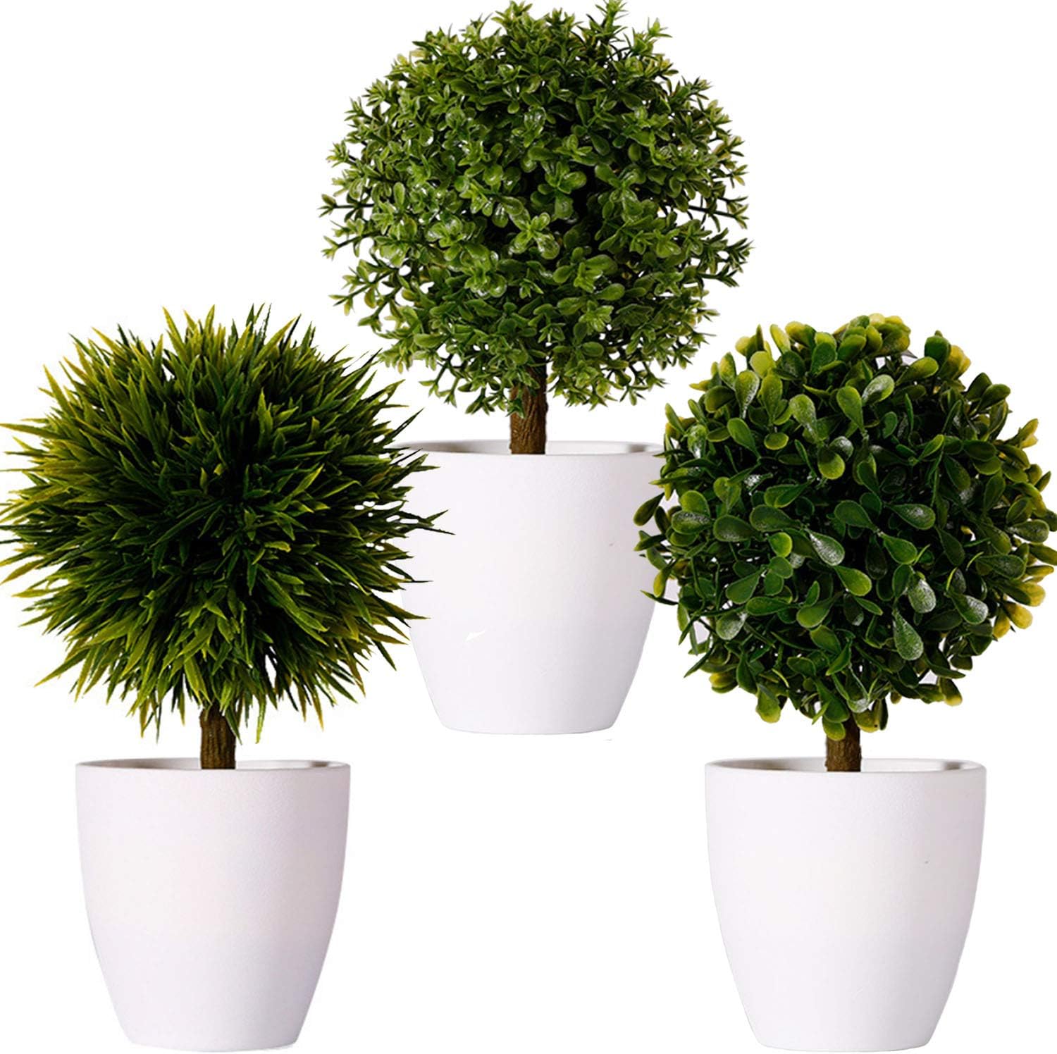 FagusHome 8" Artificial Plants Potted Artificial Boxwood Topiary Tree Artificial Ball Shaped Tree Fake Fresh Green Grass Flower in White Plastic Pot for Home Décor – Set of 3 (G) -