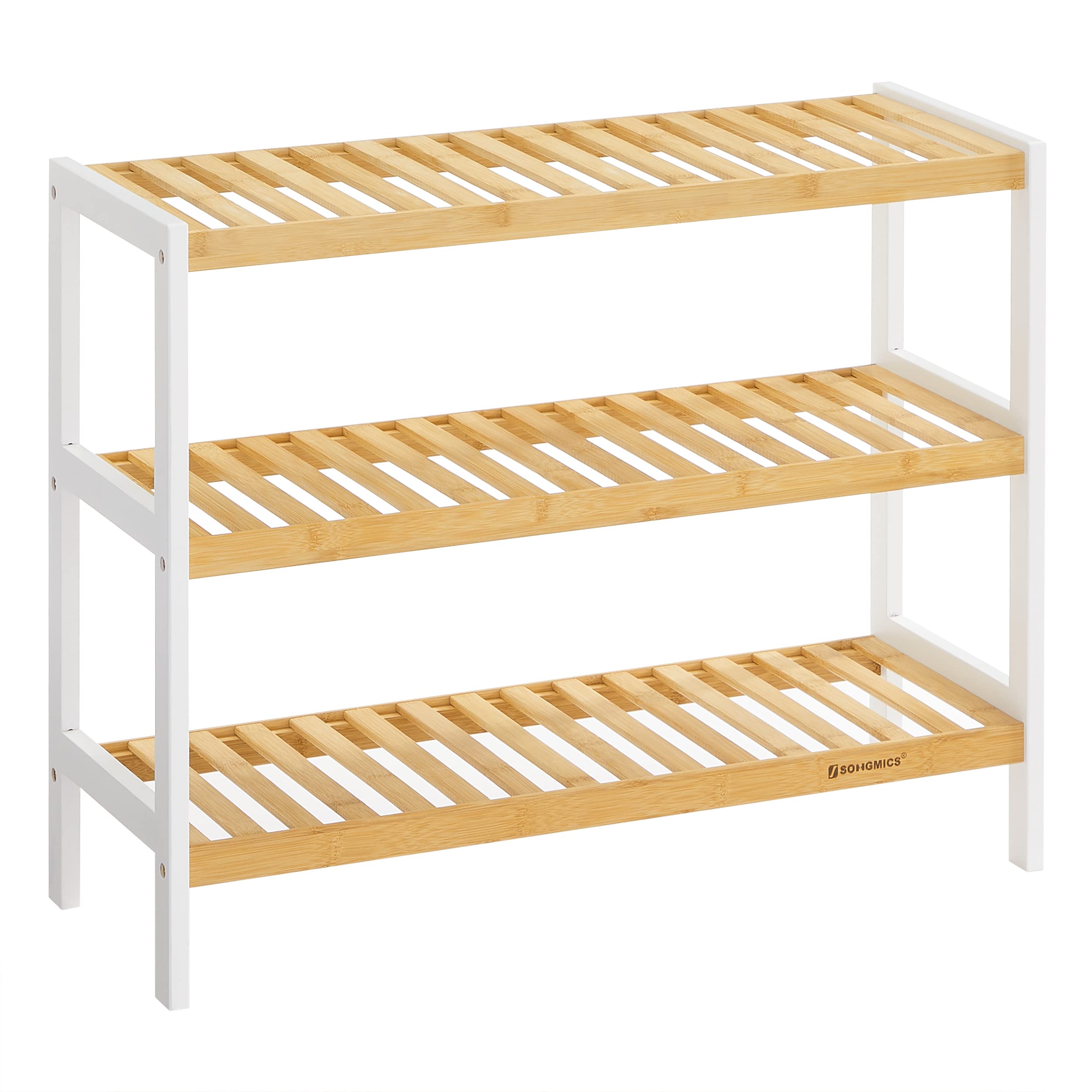 SONGMICS Natural Bamboo 3-Tier Shoe Rack, Shelf for Shoes Plants Books, for Living Room Hallway Bedroom Bathroom, 26 x 70 x 55 cm, White and Natural LBS03H