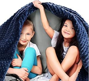 Quility Premium Kids Weighted Blanket & Removable Cover | 7 lbs | 41"x60" | for a Child Between 70-90 lbs | Single Size Bed | Premium Glass Beads | Cotton/Minky | Grey/Navy Blue
