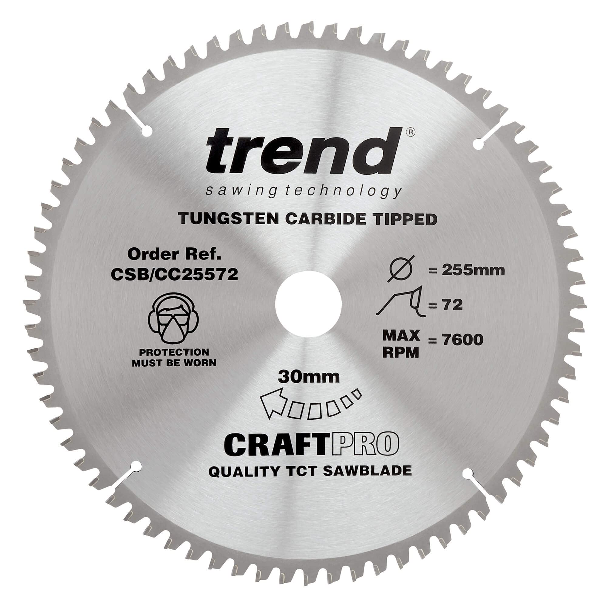 Trend Wood Mitre Saw Blade, 255mm Diameter, 30mm Bore, 72 Teeth, 2.4mm Kerf, -5° Hook, TCT, Extra-Fine Finish, CSB/CC25572