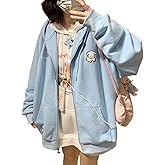 QJK Kawaii Zip Up Hoodie Cute Cartoon Print Oversized Hooded Sweatshirt Harajuku Kawaii Pullover Jacket