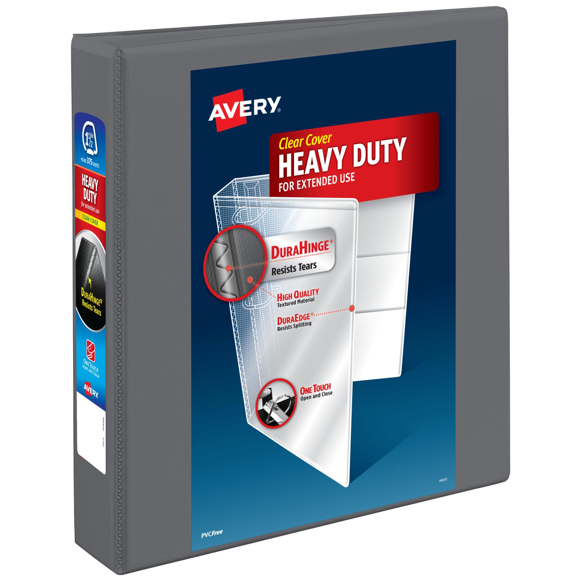 Photo 1 of Avery Heavy-Duty View 3 Ring Binder, 1.5 Inch One Touch Slant Rings, 375-Sheet Capacity, DuraHinge, 2.1 Inch Wide Spine, Customizable Clear Cover and Spine, 1 Dark Gray Binder (79866)