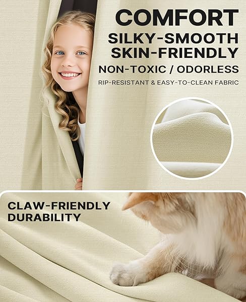 BEIGE BLACKOUT CHENILLE CURTAINS 52X84 INCH – THERMAL INSULATED ROOM DARKENING DRAPES WITH GROMMET, ULTRA SOFT WRINKLE RESISTANT NOISE REDUCING WINDOW TREATMENTS FOR BEDROOM LIVING ROOM, 2 PANELS SET