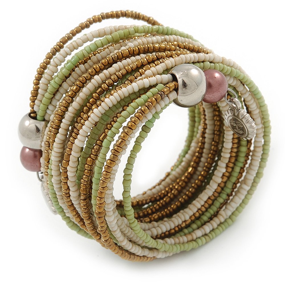 Avalaya Multistrand White/Bronze/Lime Green Glass Bead Wrap Flex Bracelet - 19cm L