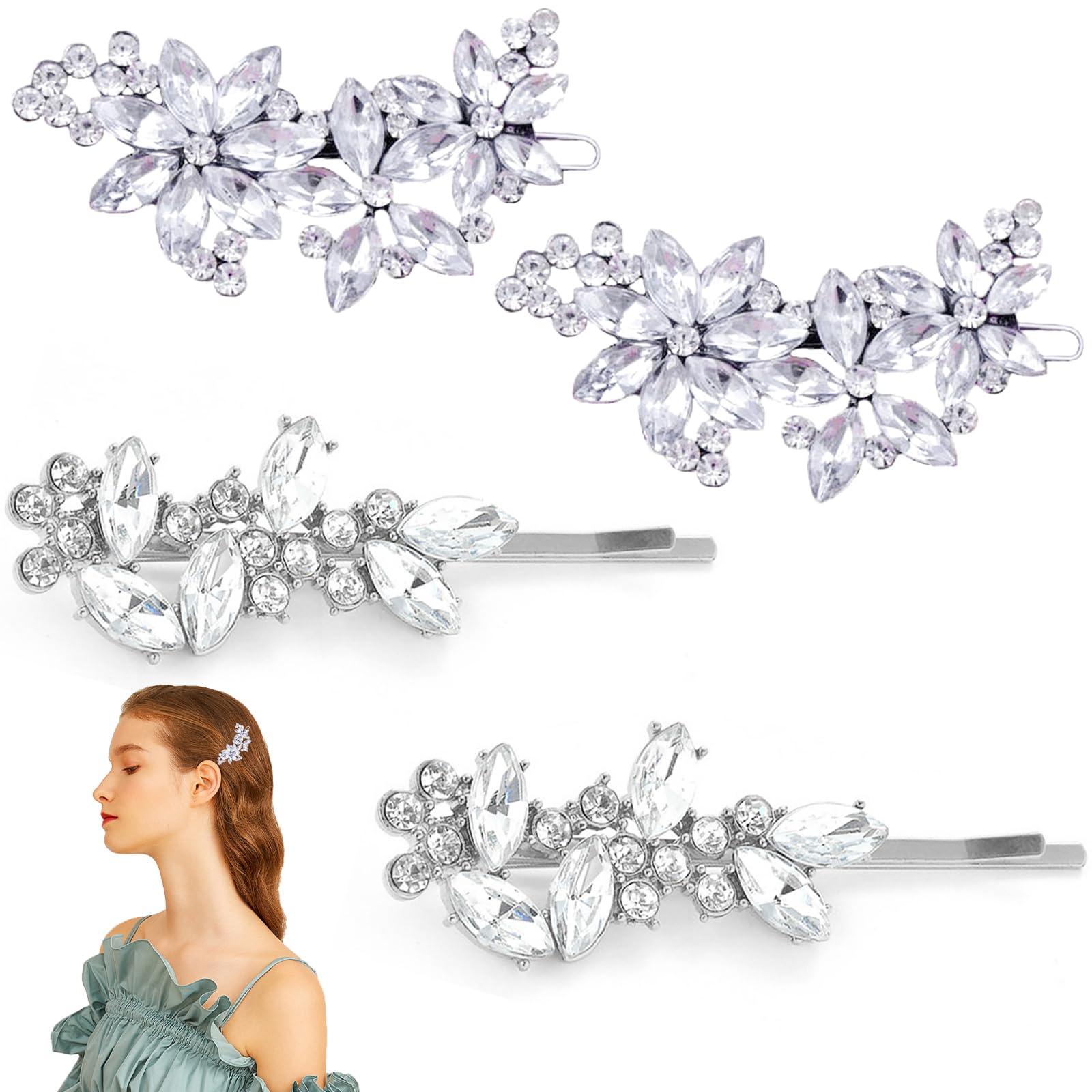 4Pcs Flower Hair Clips, Silver Rhinestone Hair Clip Crystal Flower Hair Clips Bride Bridesmaids Wedding Hair Accessories for Women Girls