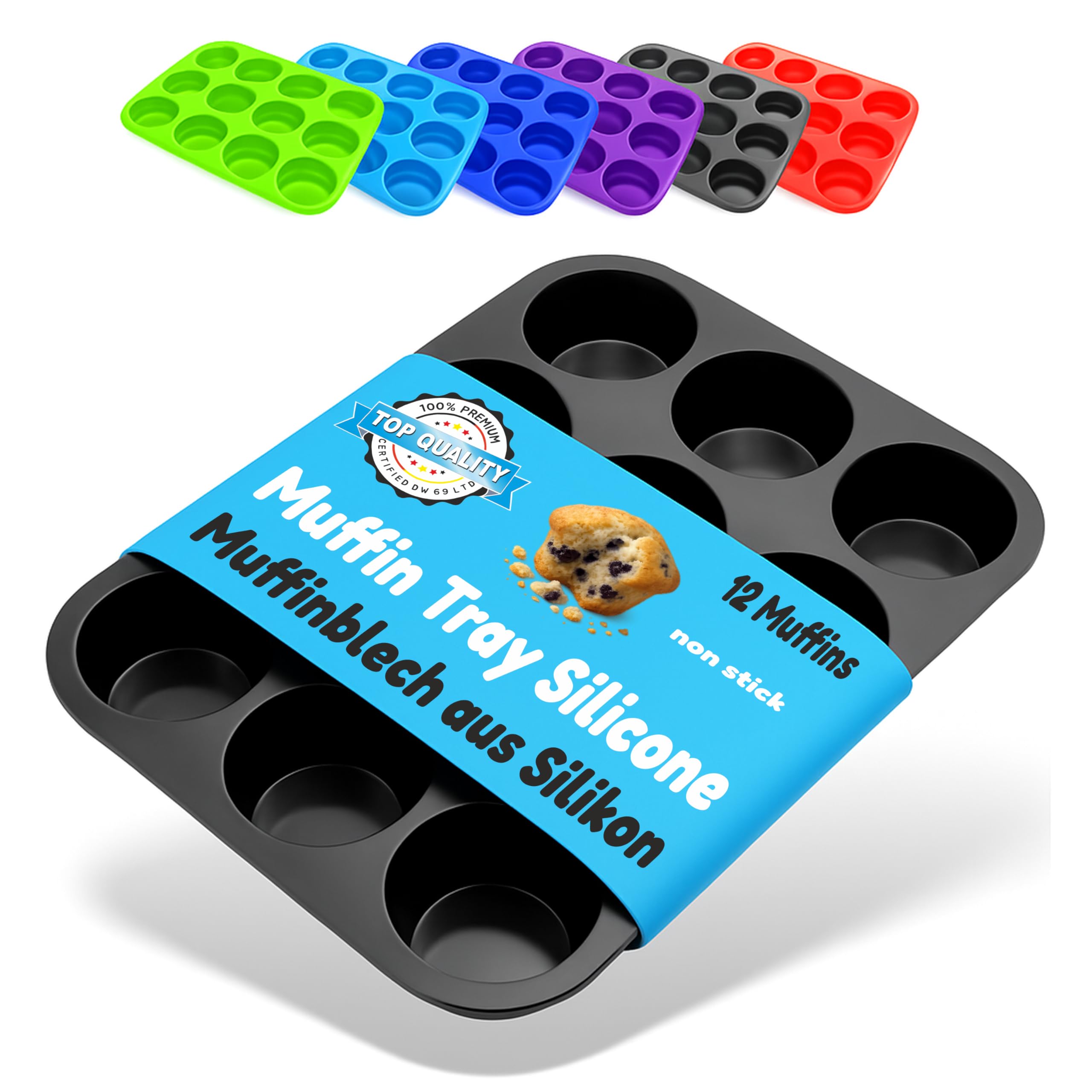Belmalia Muffin Tray Silicone, 12 Holes, 33 x 25 x 3 cm, Non-Stick Coating, Cupcake Muffins Tin Black