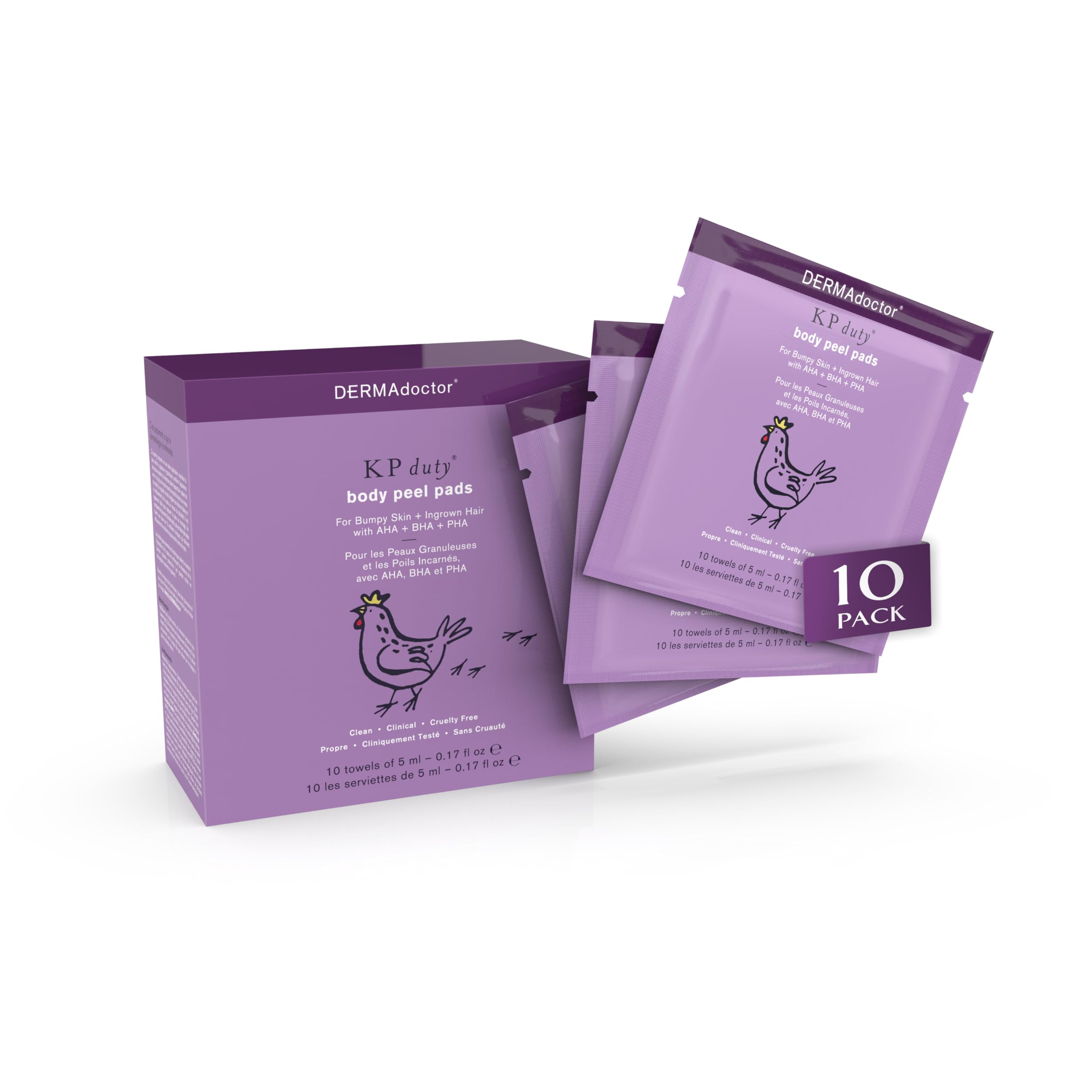 DERMAdoctor KP Bump Eraser Body Peel Pads For Bumpy Skin, Chicken Skin, Ingrown Hair, Self-Tanner Prep or Removal, Brightening and Smoothening. with AHA + BHA + PHA, 10-Pads (20336-7)