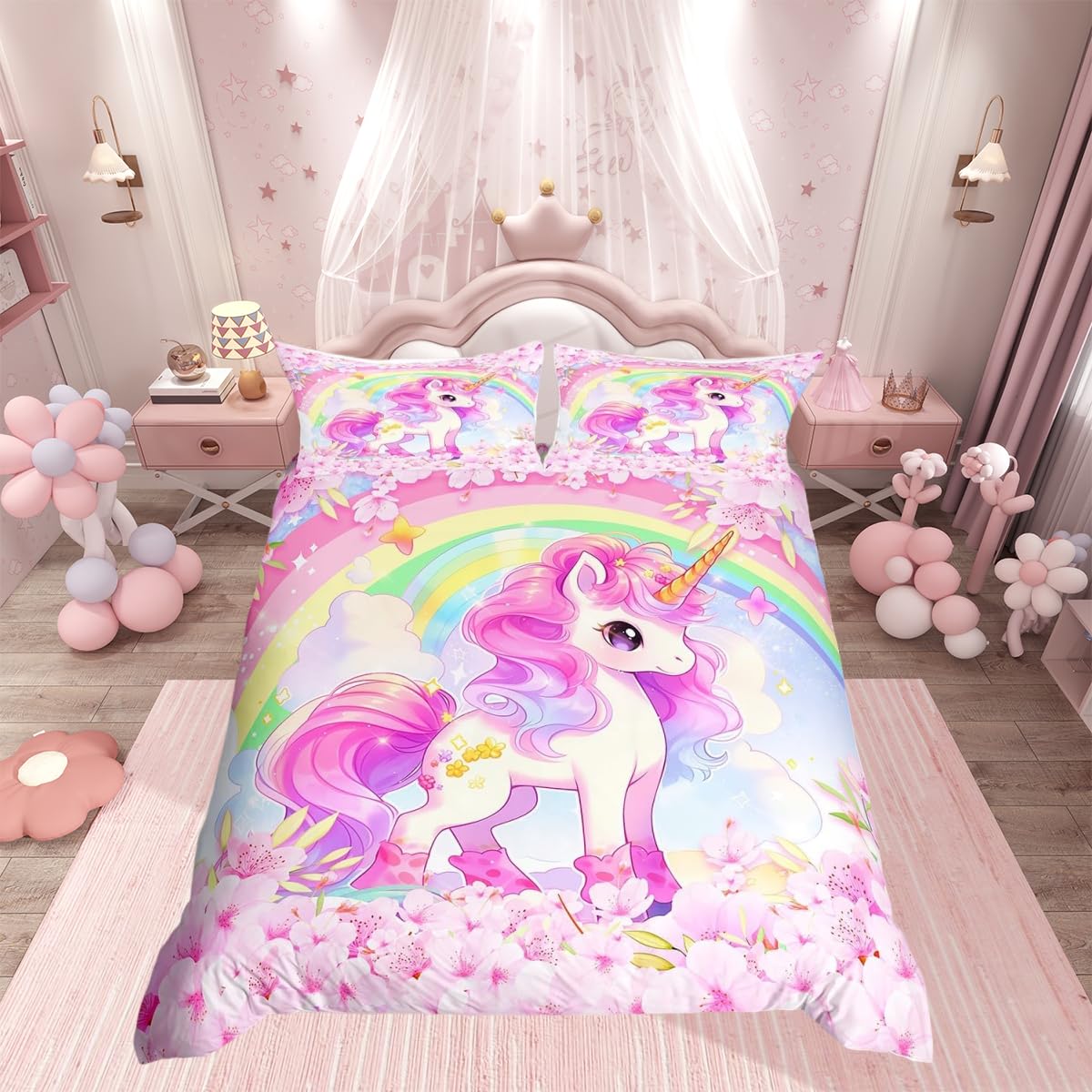 Cartoon Unicorn Kids Duvet Cover Single Size,Sakura Cherry Blossom Japanese Bedding Set,Girls Women Room Decor,Rainbow Unicorn Cute Comforter Cover,Pink Purple Romantic Quilt Cover,1 Pillowcase
