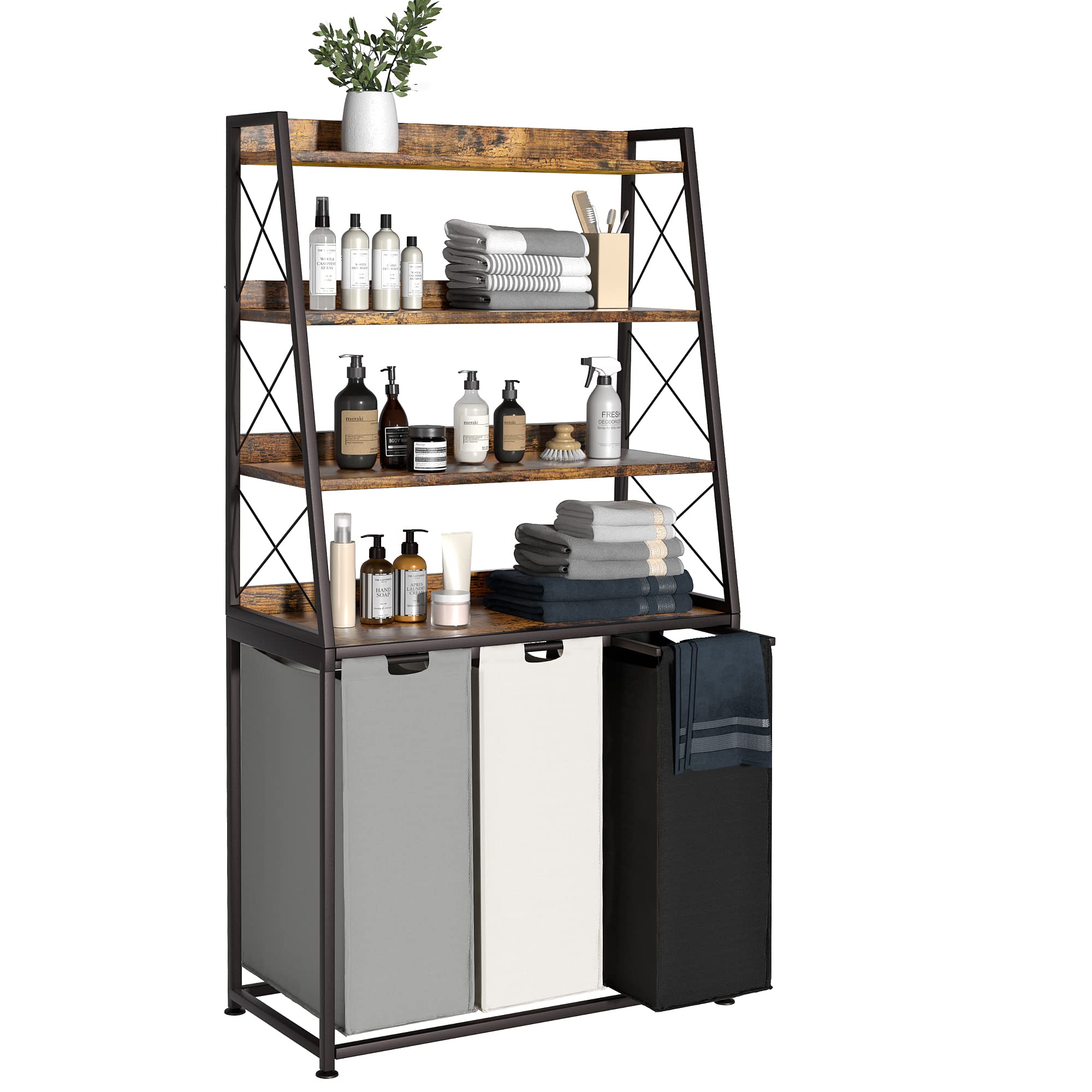 Photo 1 of **PARTS ONLY/DAMAGED WOOD***Herture Laundry Basket, 3 Section Laundry Hamper with 4 Tiers Shelf, Pull-Out and Removable Laundry Bags, Large 3 x 15.87 Gallons, for Laundry Room Bathroom Rustic Brown PF05XLN