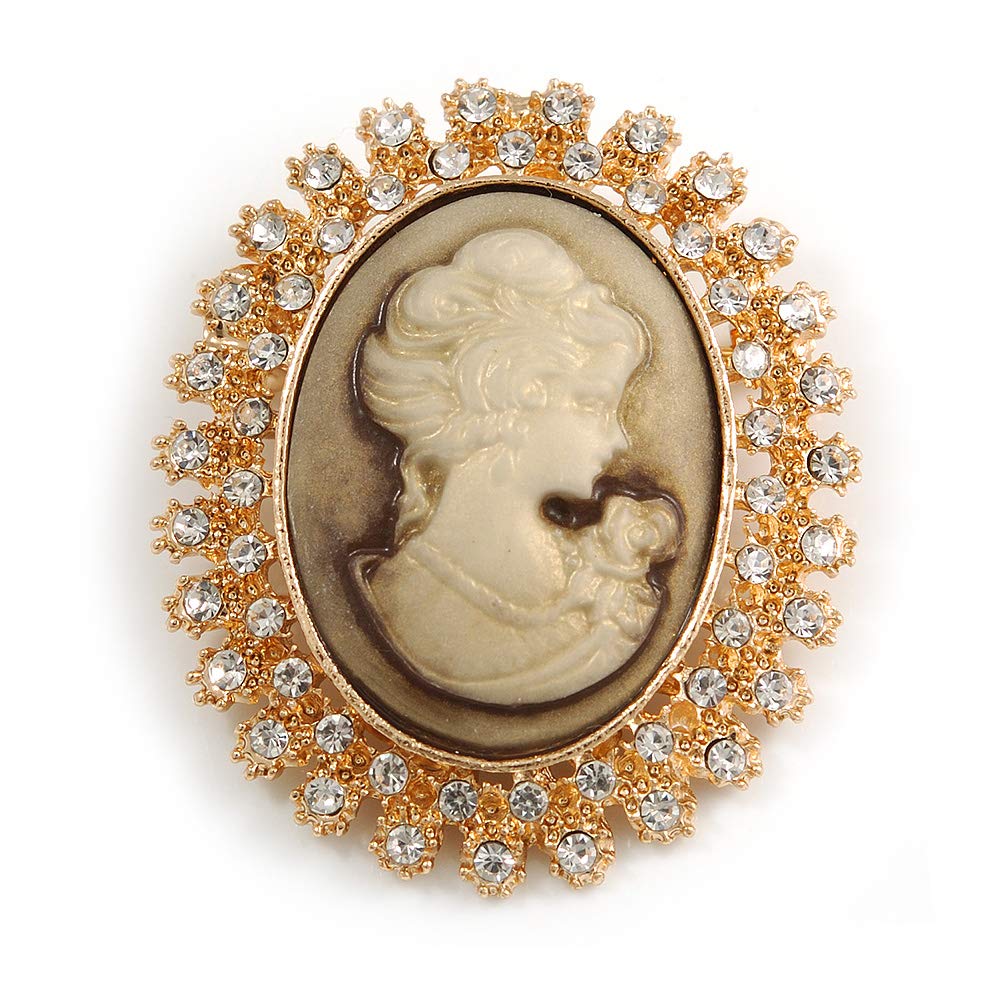 Vintage Inspired Clear Crystal Oval Beige Acrylic Cameo In Gold Tone Metal - 45mm L